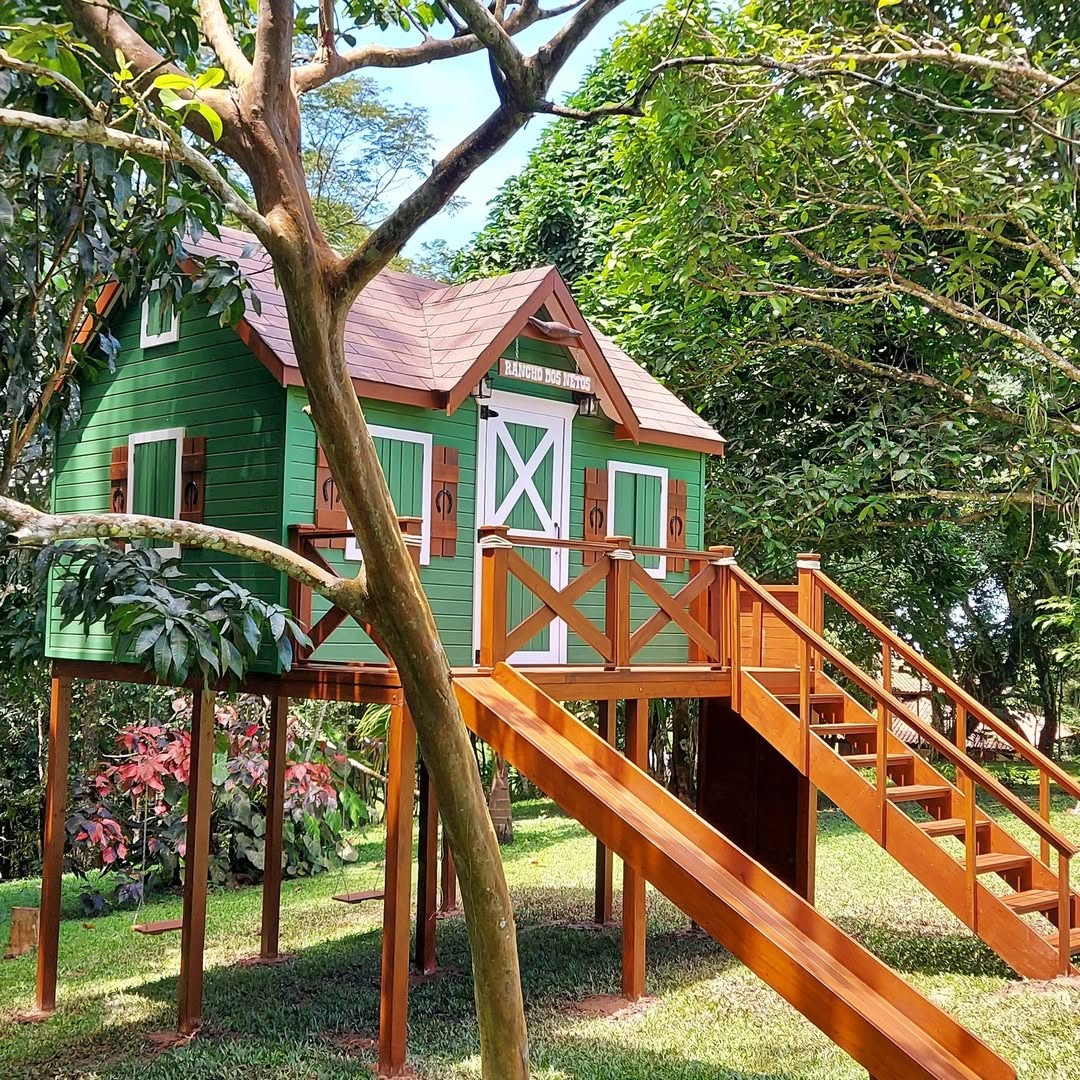 Casa na árvore verde elevada com escada de madeira, rodeada por árvores e vegetação.