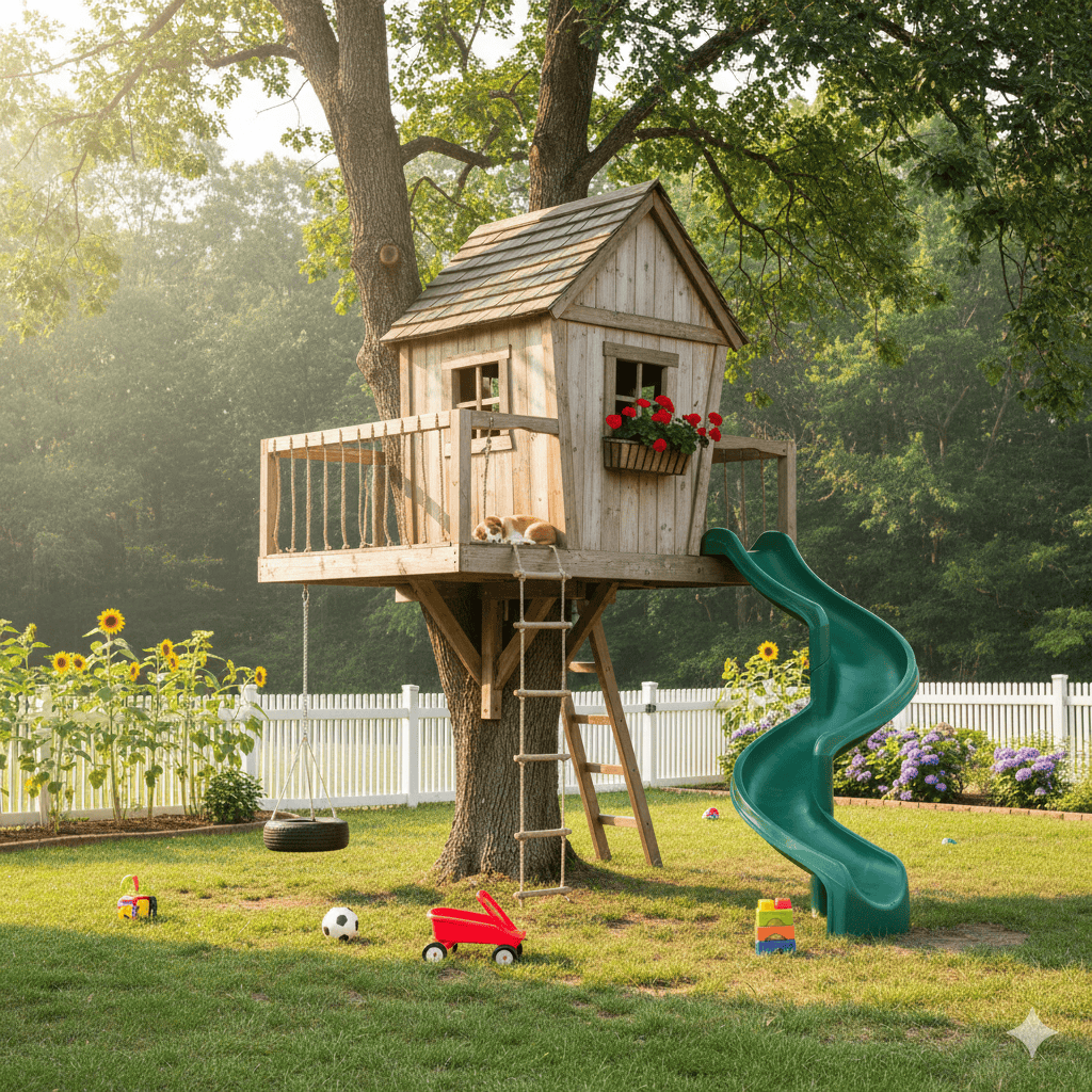 Casa na árvore rústica com escorregador verde, balanço de pneu e área gramada ao redor.