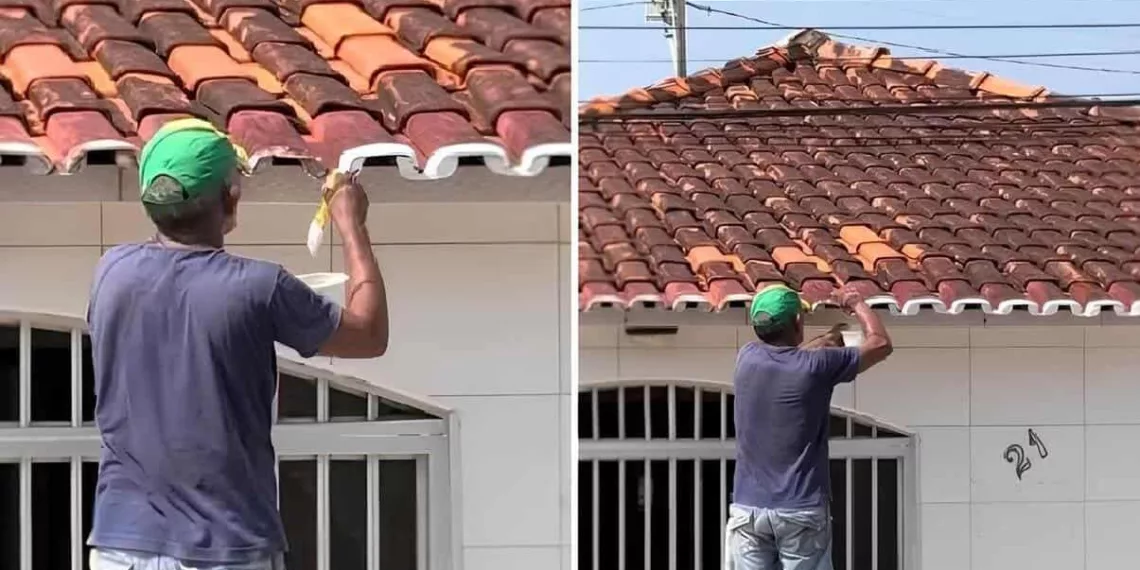 Vizinho viraliza na internet ao ser flagrado pintando seu telhado com "francesinha"; veja o vídeo.
