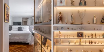 Este dormitório recebeu um oratório juntamente com uma estante de vidro dedicada à coleção de imagens religiosas da moradora | Projeto: Cristiane Schiavoni Arquitetura e Interiores | Fotos: Rafael Renzo