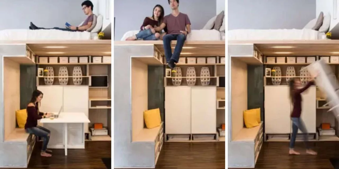 Quitinete de 46m² com móveis inteligentes: criatividade e funcionalidade em dois níveis