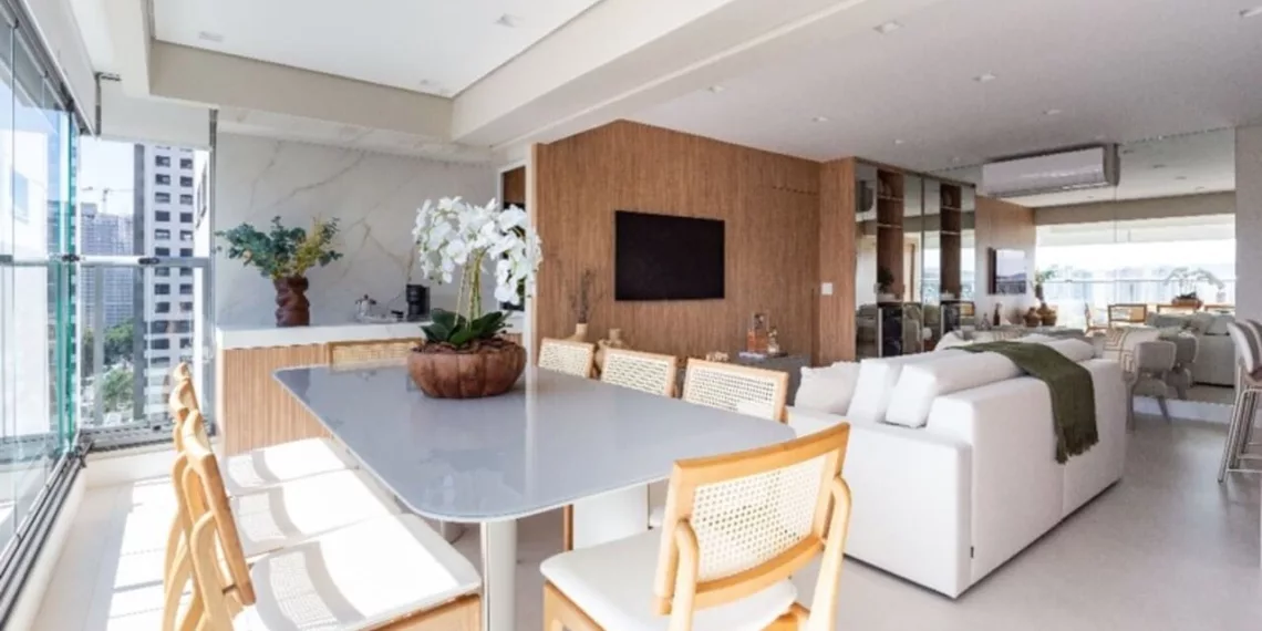 Com integração entre estar e varanda, os painéis mimetizados se tornam verdadeiros protagonistas do décor ao emoldurarem toda a área social do apartamento. No projeto assinado pela arquiteta Daniela Funari, a marcenaria englobou cristaleira, painel para TV e até churrasqueira | FOTO: Mariana Camargo