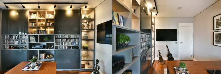 Sala de estar composta por home theater, violões e estante para livros.