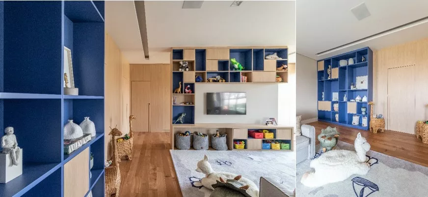 Brinquedoteca com estantes amplas para armazenamento de brinquedos