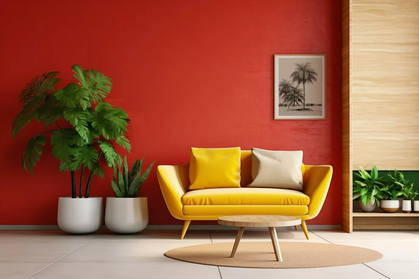 sala de estar com parede vermelha