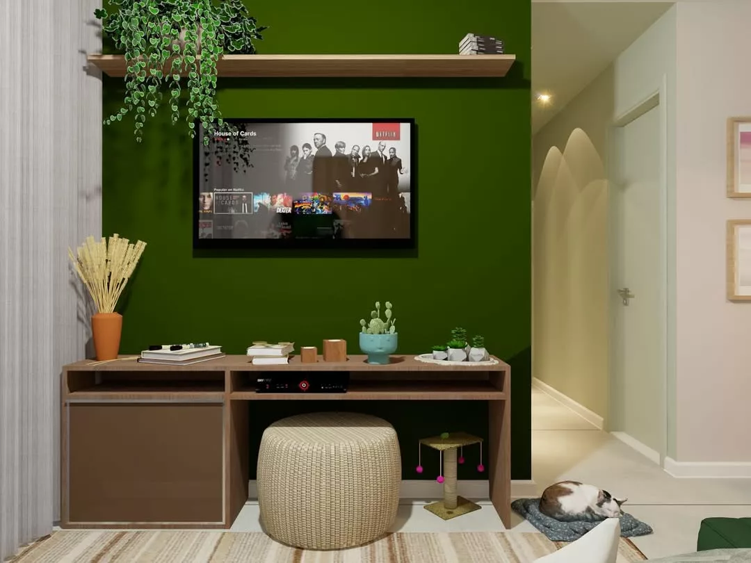Solução cromatica com a cor verde para parede da sala