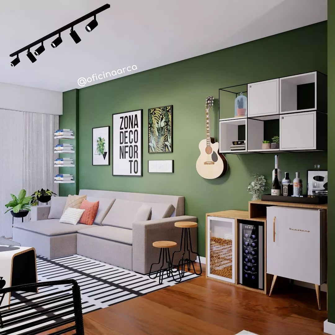 A cor verde como fundo para compor a decoração da sala de estar verde
