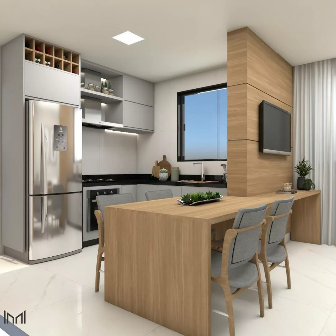 Proposta de sala e cozinha conjugada com moveis planejados