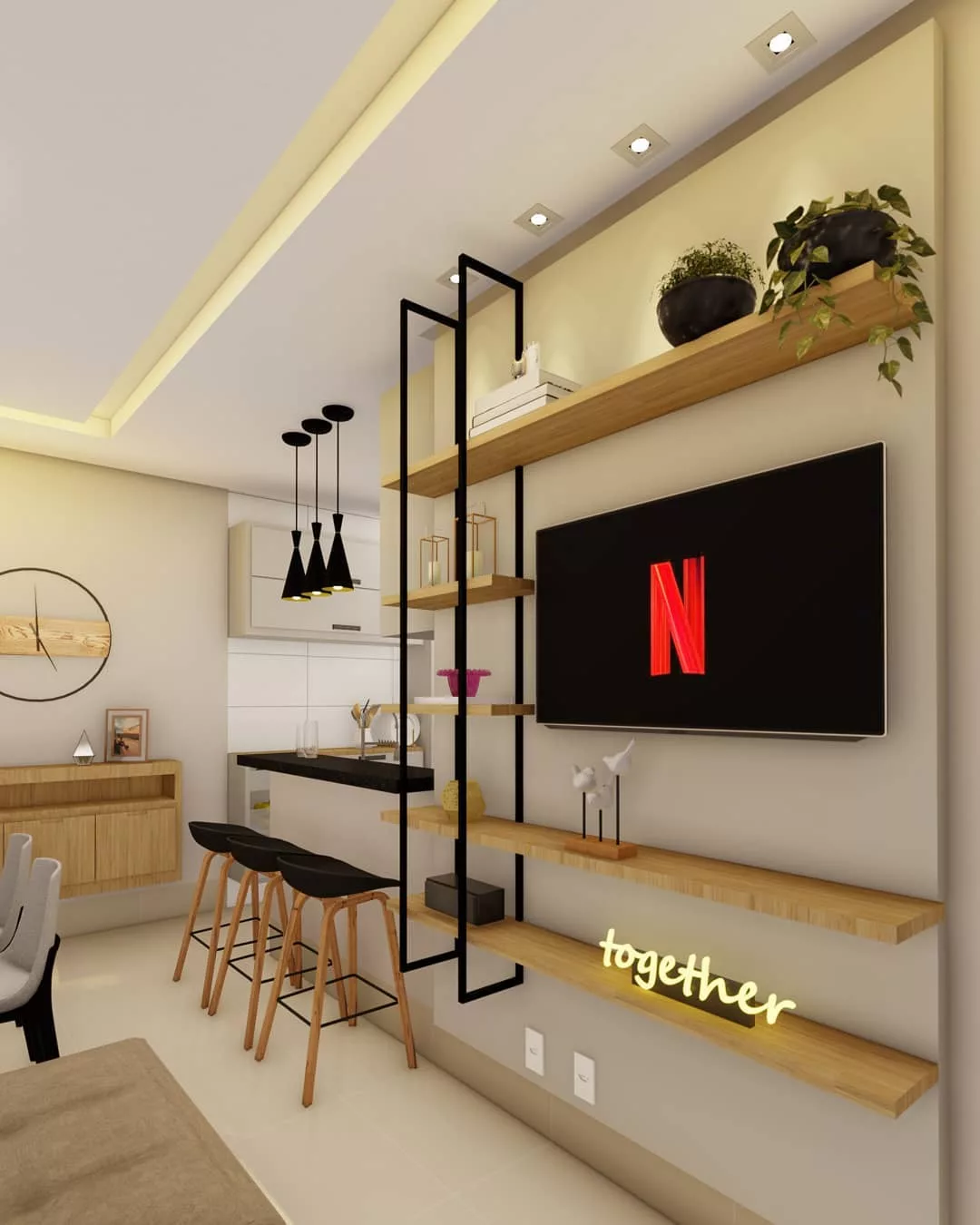 Que tal apostar um estilo industrial para decorar uma sala e cozinha conjugada