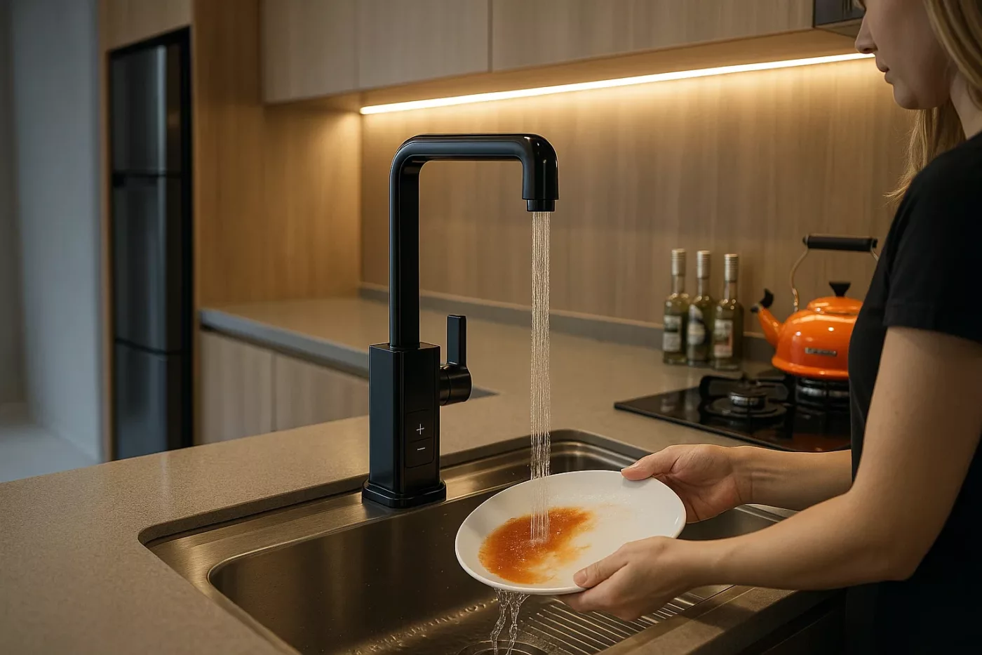 Cozinha planejada com torneira eletrica preta