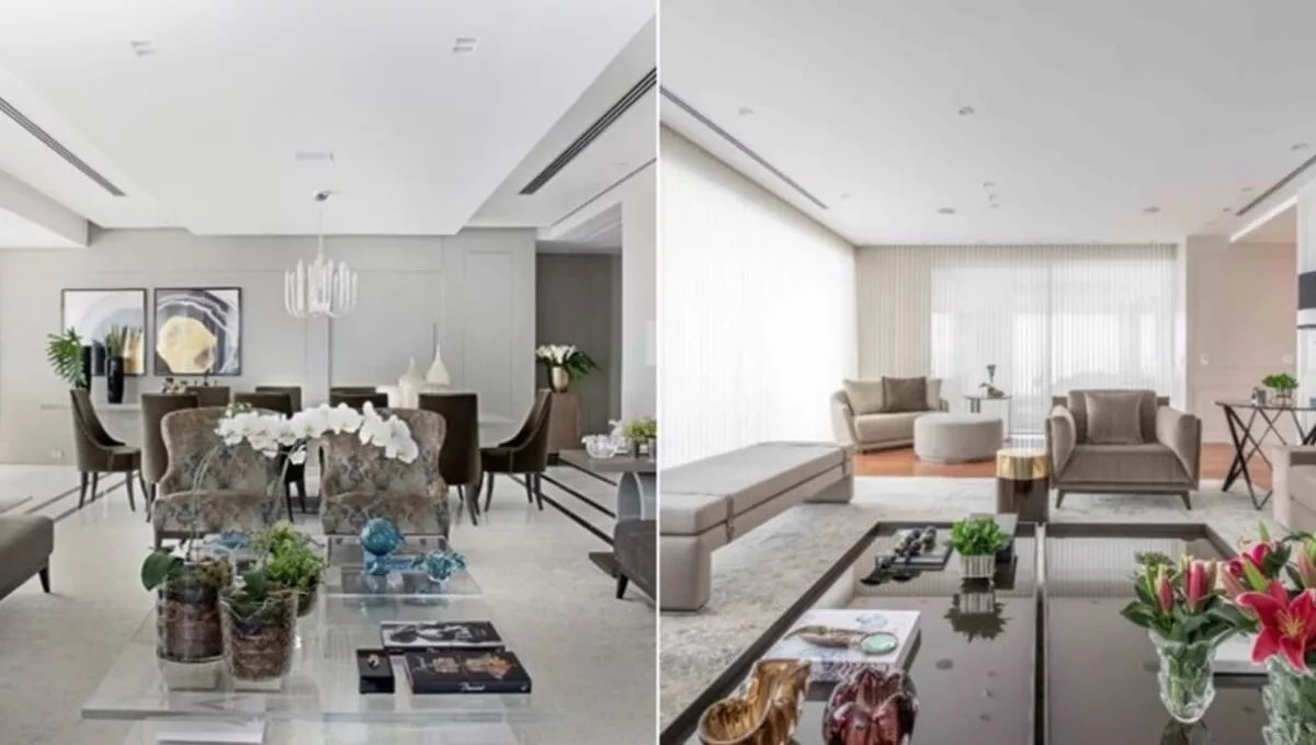 Com uma planta idêntica, de quase 600m², a arquiteta Patricia Penna transformou completamente cada apartamento: à esquerda, um living com integração completa das varandas, onde tons de cinza servem de base tona para o mobiliário de linhas mais clássicas, enquanto à direita o morador usufrui de um décor numa mais clara, onde móveis mais contemporâneos se destacam | Projetos: Patricia Penna Arquitetura & Design | FOTOS: Marco Tiê e Leandro Moraes