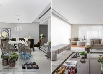 Com uma planta idêntica, de quase 600m², a arquiteta Patricia Penna transformou completamente cada apartamento: à esquerda, um living com integração completa das varandas, onde tons de cinza servem de base tona para o mobiliário de linhas mais clássicas, enquanto à direita o morador usufrui de um décor numa mais clara, onde móveis mais contemporâneos se destacam | Projetos: Patricia Penna Arquitetura & Design | FOTOS: Marco Tiê e Leandro Moraes