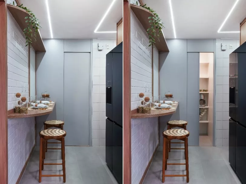 Reforma de apartamento explora dimensões generosas da varanda e agrega soluções como a inserção de um passa-prato na cozinha