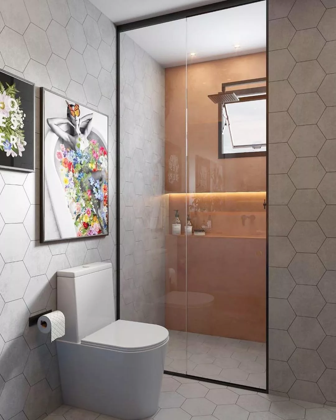 Banheiro com piso hexagonal: a tendência que une charme retrô e estilo moderno