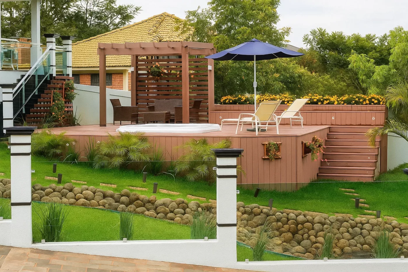 Deck elevado: a solução inteligente para transformar quintais com desnível em áreas de convivência