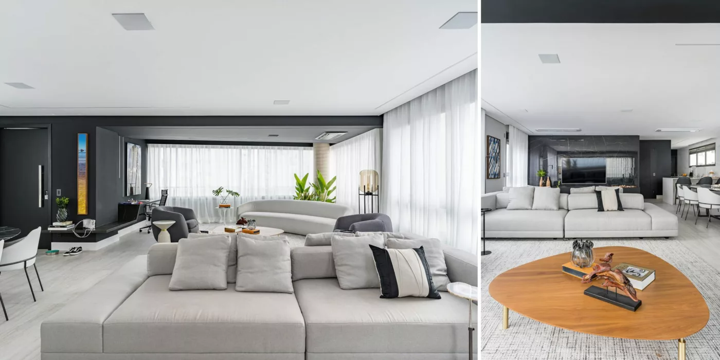 Reforma de apartamento destaca a predominância do preto, atmosfera acolhedora e móveis com design contemporâneo