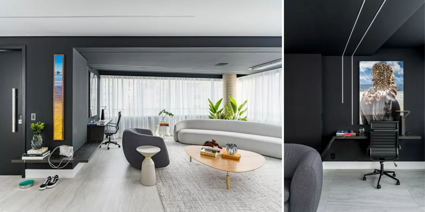 Reforma de apartamento destaca a predominância do preto, atmosfera acolhedora e móveis com design contemporâneo