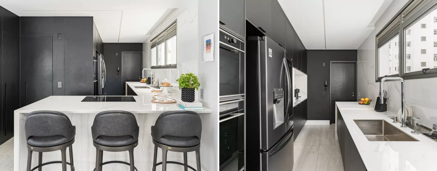 Reforma de apartamento destaca a predominância do preto, atmosfera acolhedora e móveis com design contemporâneo