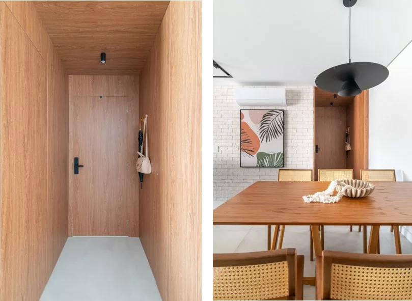 Marcenaria que distribui o imóvel, tons naturais, serralheria, formas geométricas e um toque de estilo farm marcam reforma de apartamento
