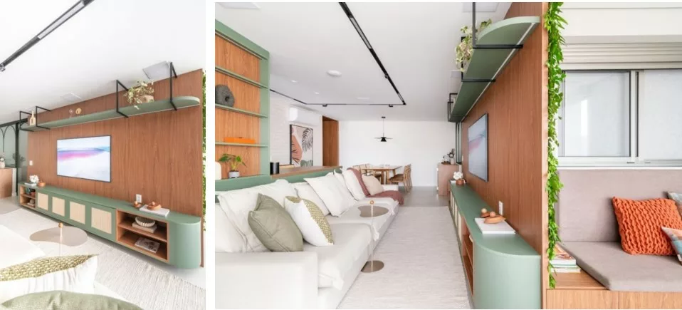 Marcenaria que distribui o imóvel, tons naturais, serralheria, formas geométricas e um toque de estilo farm marcam reforma de apartamento