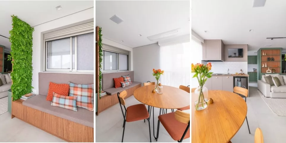 Marcenaria que distribui o imóvel, tons naturais, serralheria, formas geométricas e um toque de estilo farm marcam reforma de apartamento