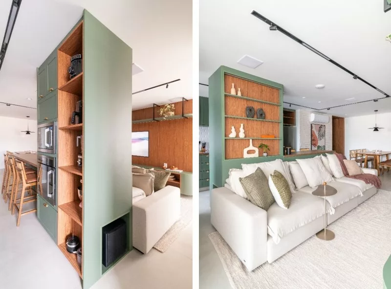 Marcenaria que distribui o imóvel, tons naturais, serralheria, formas geométricas e um toque de estilo farm marcam reforma de apartamento