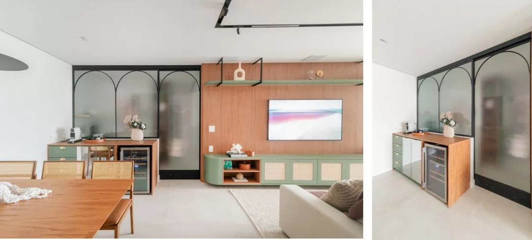 Marcenaria que distribui o imóvel, tons naturais, serralheria, formas geométricas e um toque de estilo farm marcam reforma de apartamento