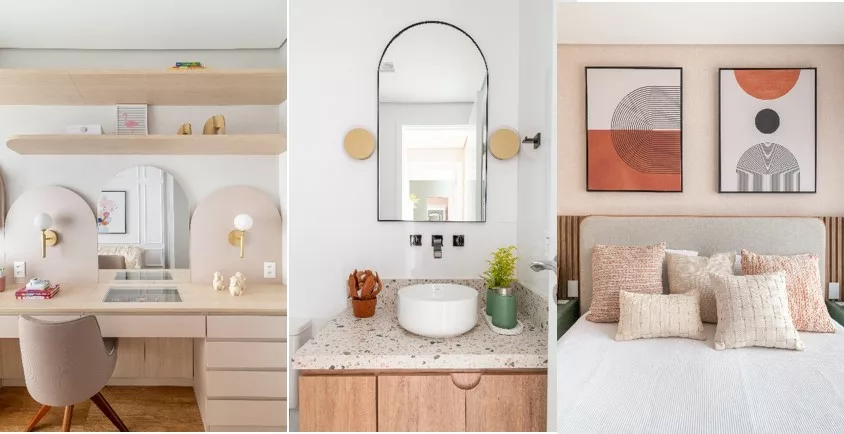 Marcenaria que distribui o imóvel, tons naturais, serralheria, formas geométricas e um toque de estilo farm marcam reforma de apartamento