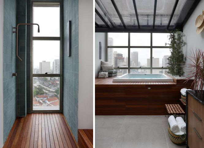 Varanda com spa e área gourmet transformam projeto de cobertura