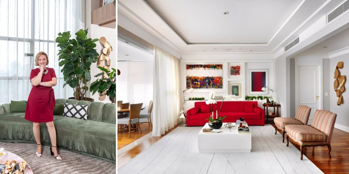 Do mobiliário aos itens de decoração, a arquiteta Cristiane Schiavoni personifica elementos da arquitetura de interiores com a vivacidade do vermelho. Nesse living, a cor realça o sofá e telas expostas no ambiente | Fotos: Carlos Piratininga e Rafael Renzo