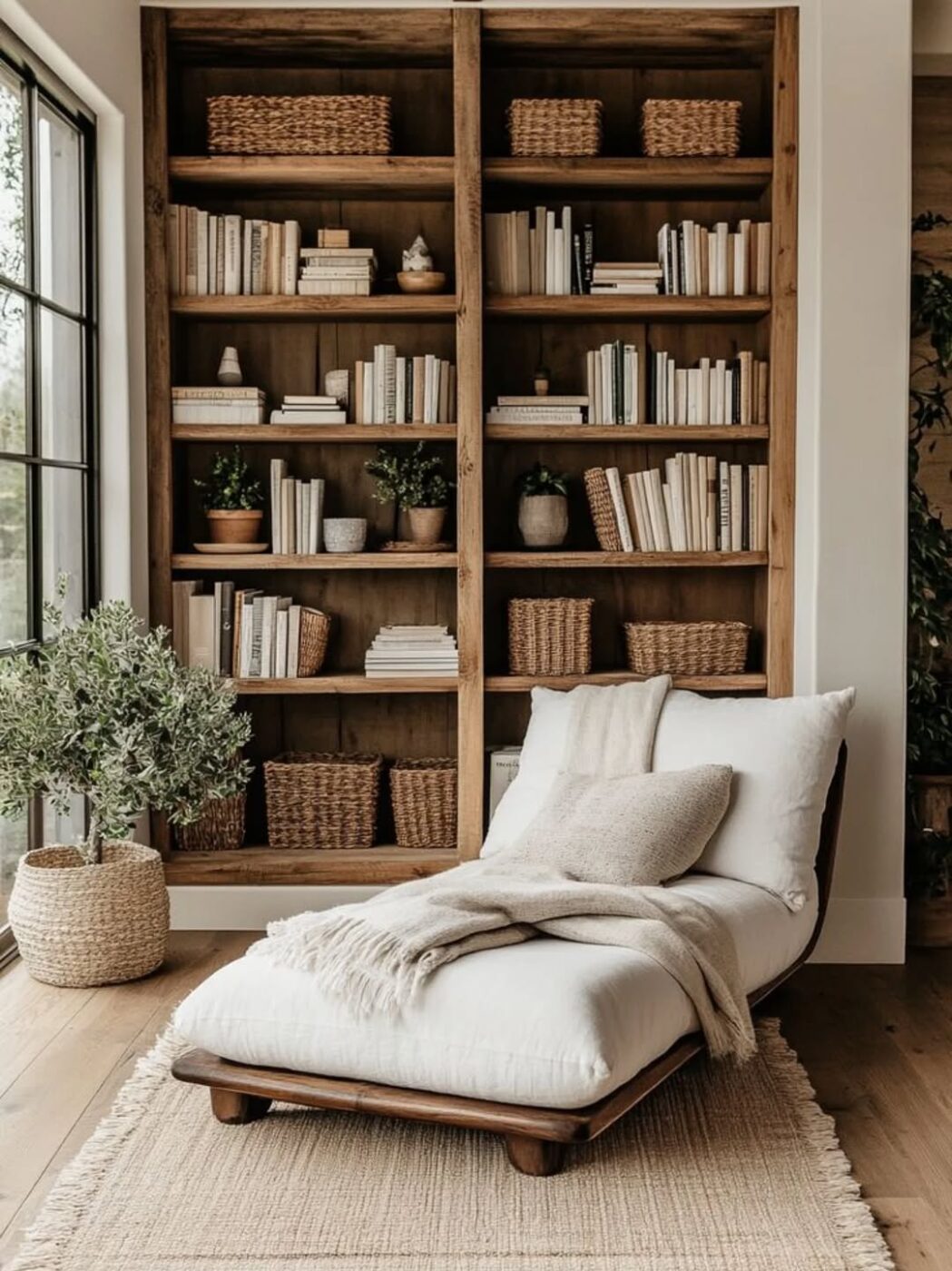 Cantinho da leitura com estante escultural, poltronas verdes e mesa lateral em ambiente minimalista.