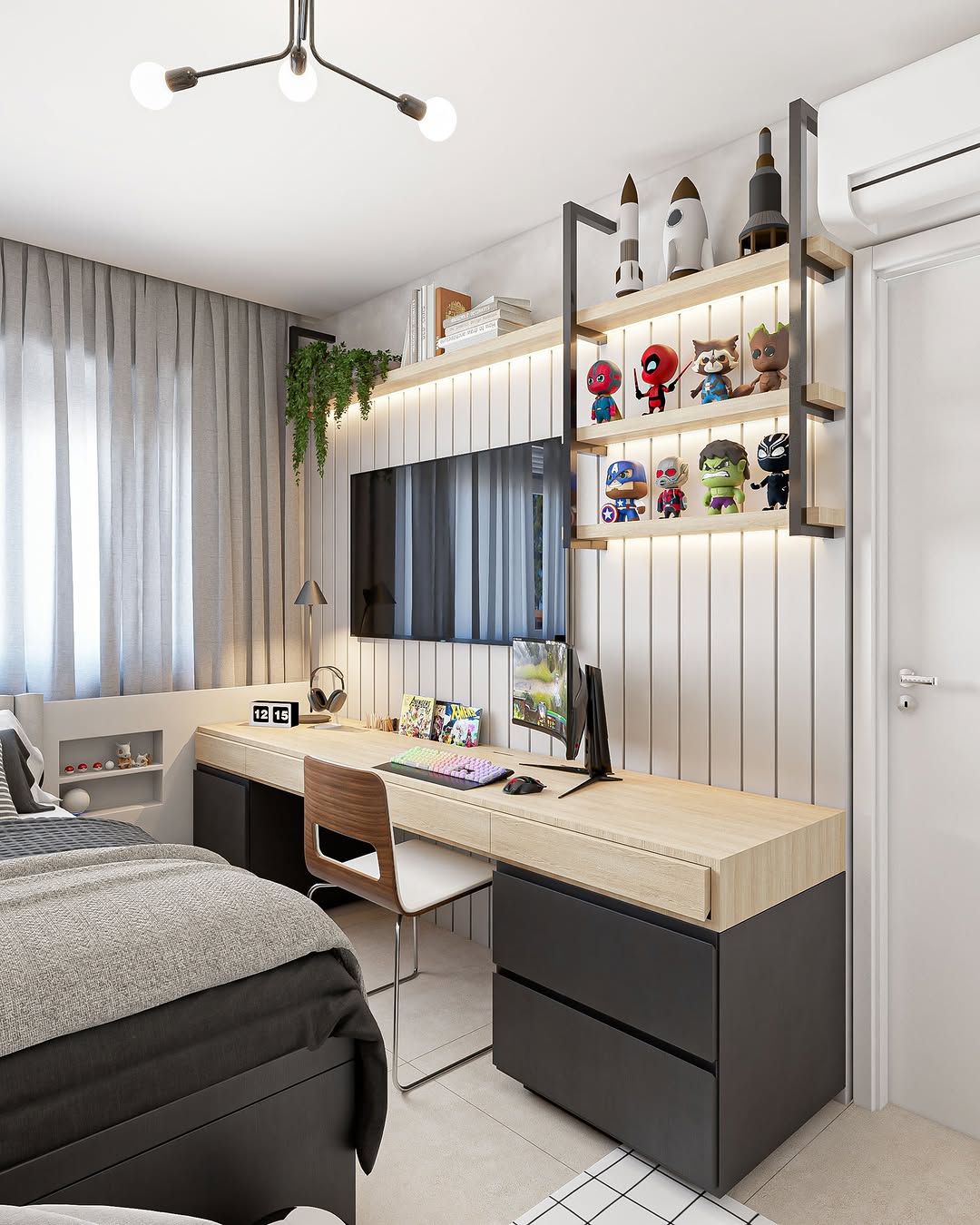 Quarto de adolescente com estilo clean e funcional, combinando móveis brancos com prateleiras organizadas, ideal para estudo e descanso.