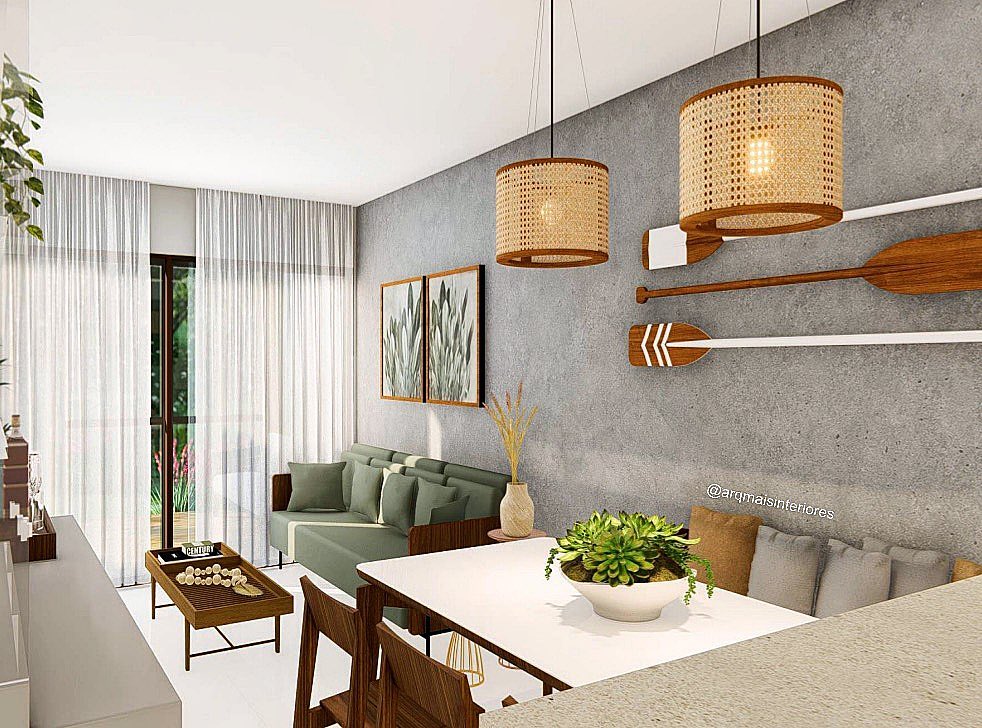 Cimento queimado na parede da sala transforma o ambiente com elegância contemporânea