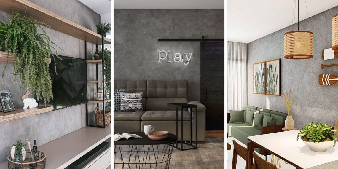Cimento queimado na parede da sala transforma o ambiente com elegância contemporânea