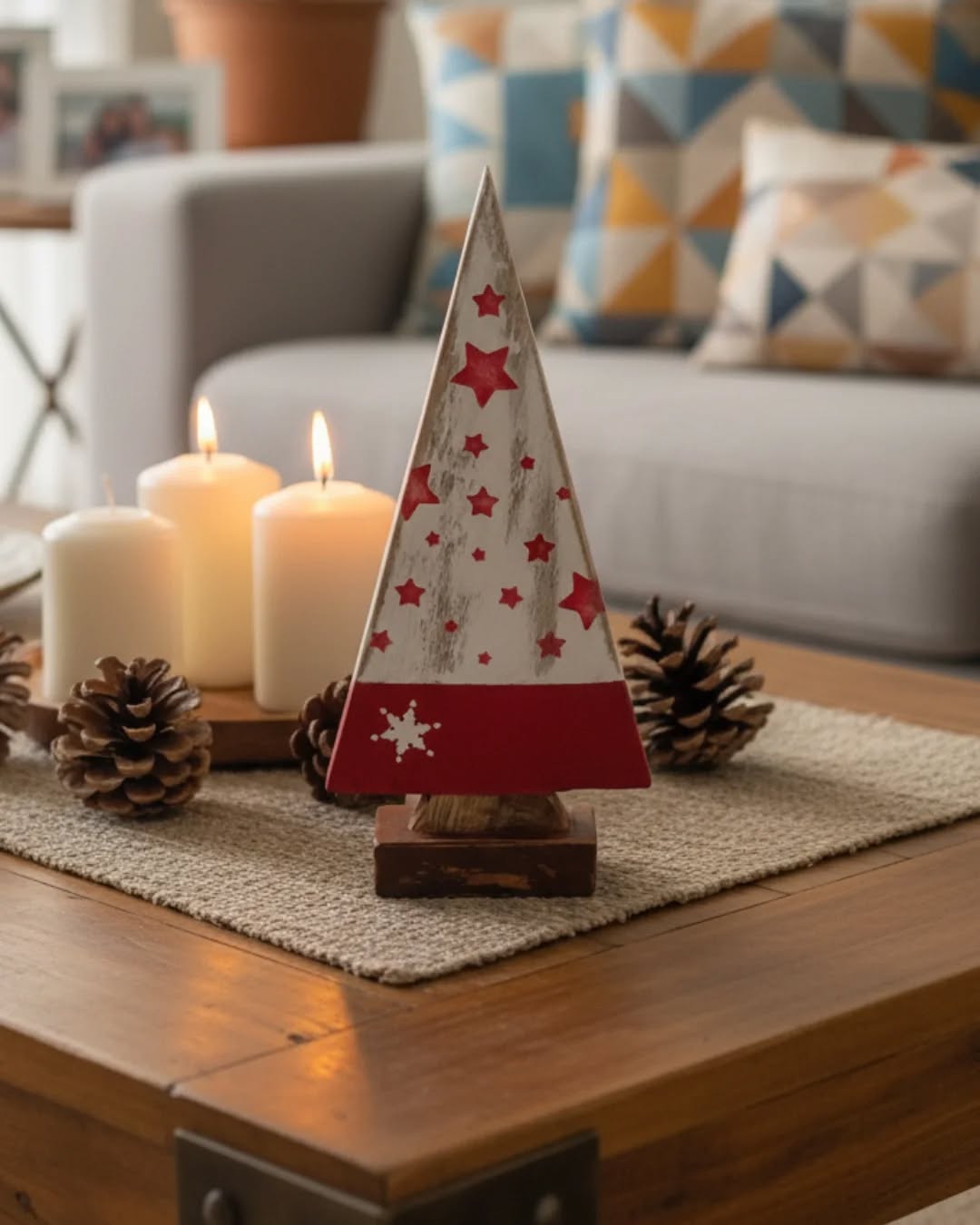 Árvore natalina decorativa de madeira com estrelas vermelhas ao lado de velas e pinhas sobre mesa de centro rústica.
