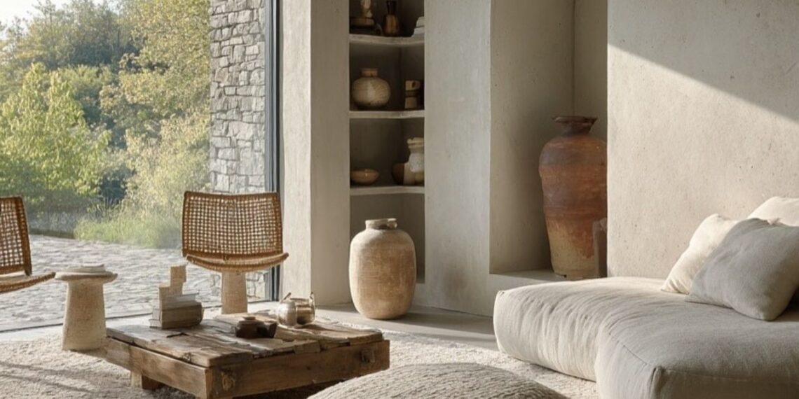 Sala em tons terrosos com texturas naturais, móveis de madeira bruta e cerâmicas artesanais revelam a essência do wabi-sabi: a beleza do imperfeito, do rústico e do atemporal. | Imagem: imagicasa.be