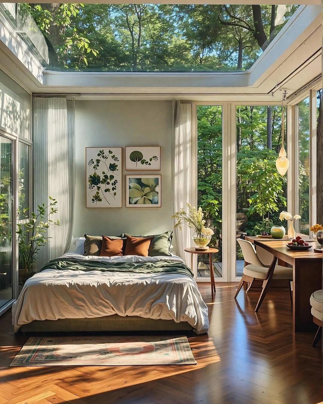 Quarto integrado à natureza com teto de vidro, elementos botânicos e decoração minimalista wabi-sabi.