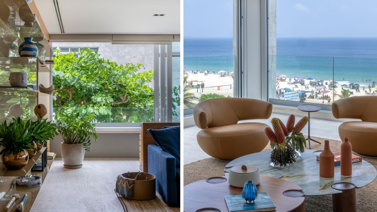 Apartamento com vista para Ipanema ganha decoração inspirada nas cores da praia