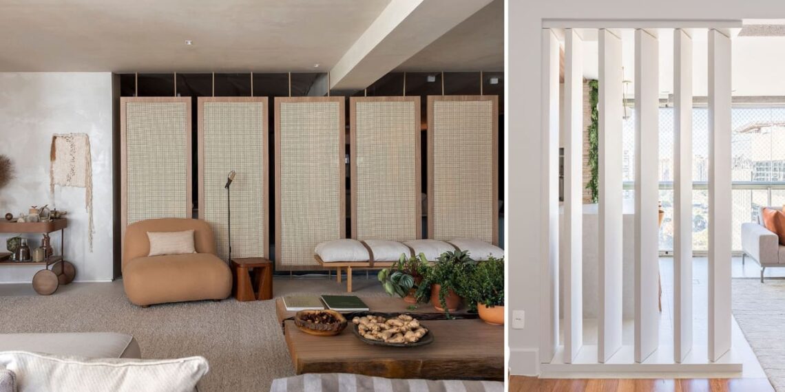 Biombos e brises são opções empregadas nos projetos de interiores | Projeto Isabella Nalon e
Spaço Interior |Fotos: Rafael Renzo e Kadu Lopes
