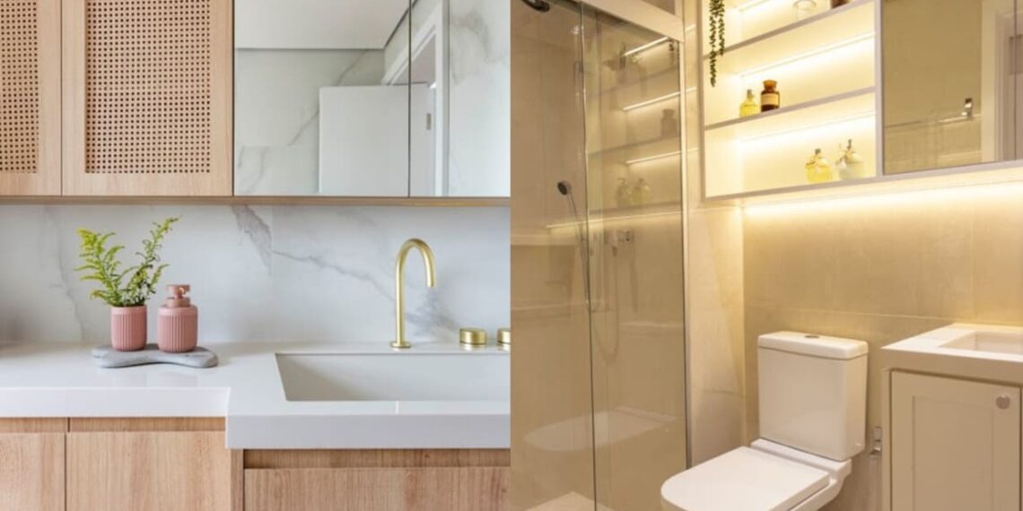 Produzido sob medida, com acabamento em palhinha ou iluminação com fita de LED bem embutida: essas foram duas das possibilidades exploradas pela arquiteta Mari Milani nos armários aéreos de banheiros | FOTOS: Mariana Camargo