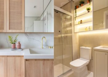 Produzido sob medida, com acabamento em palhinha ou iluminação com fita de LED bem embutida: essas foram duas das possibilidades exploradas pela arquiteta Mari Milani nos armários aéreos de banheiros | FOTOS: Mariana Camargo