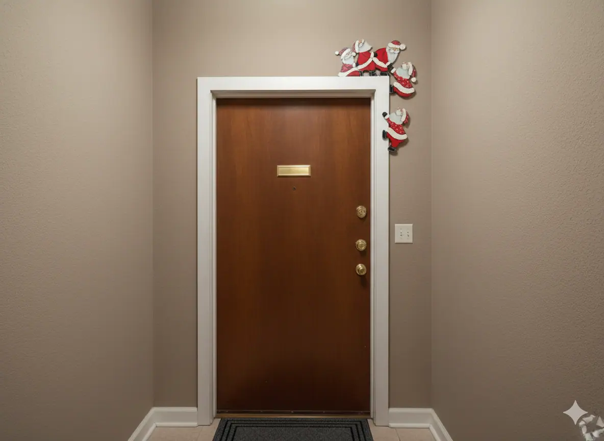 Enfeite natalino com Papais Noéis escalando o batente de uma porta de entrada em ambiente interno.