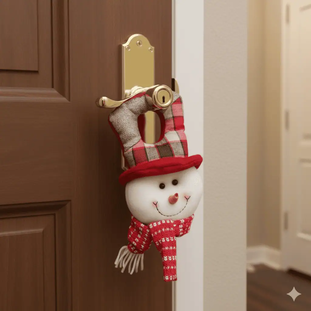 Boneco de neve decorativo pendurado na maçaneta dourada de uma porta de madeira.