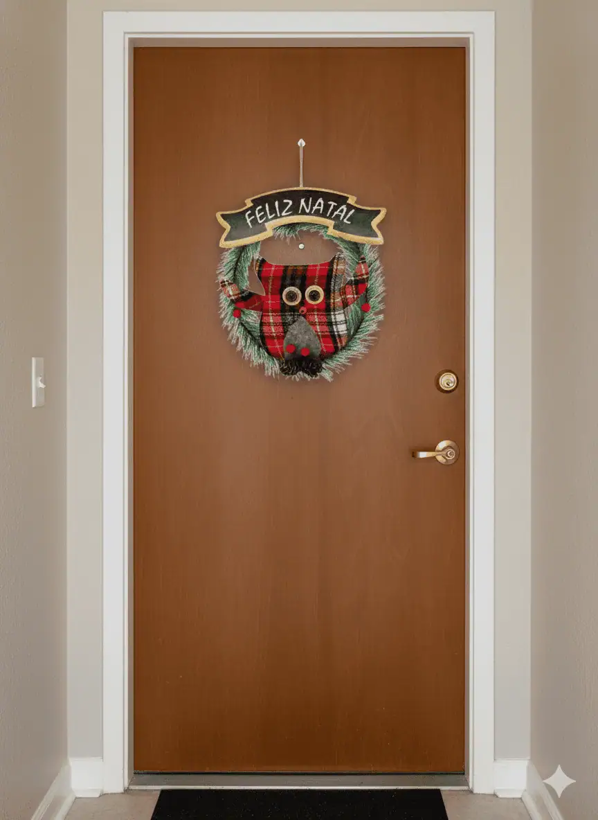 Guirlanda com coruja de tecido xadrez e a frase “Feliz Natal” decorando porta de entrada.