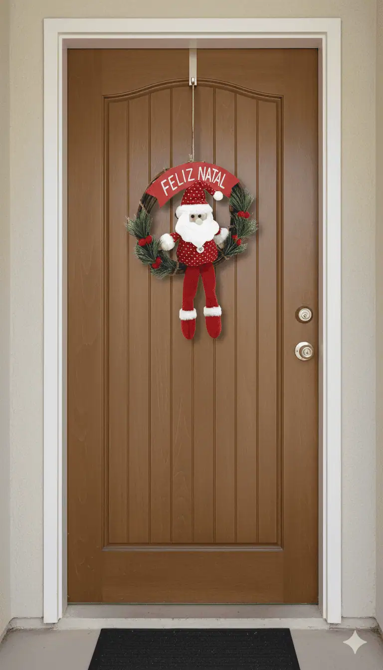 Guirlanda de Natal com Papai Noel e a mensagem “Feliz Natal” pendurada em porta de madeira.