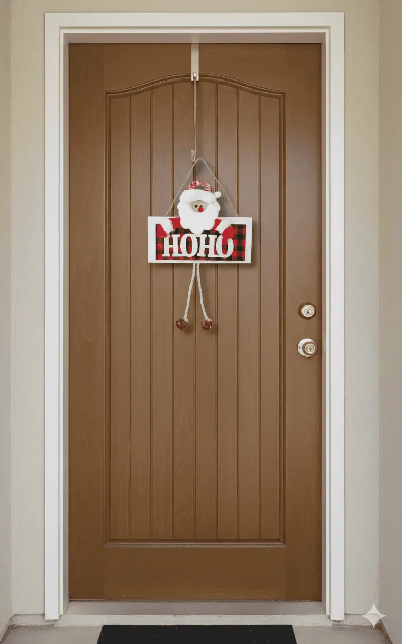 Enfeite de Natal com Papai Noel e letreiro “HOHO” pendurado em porta de madeira.