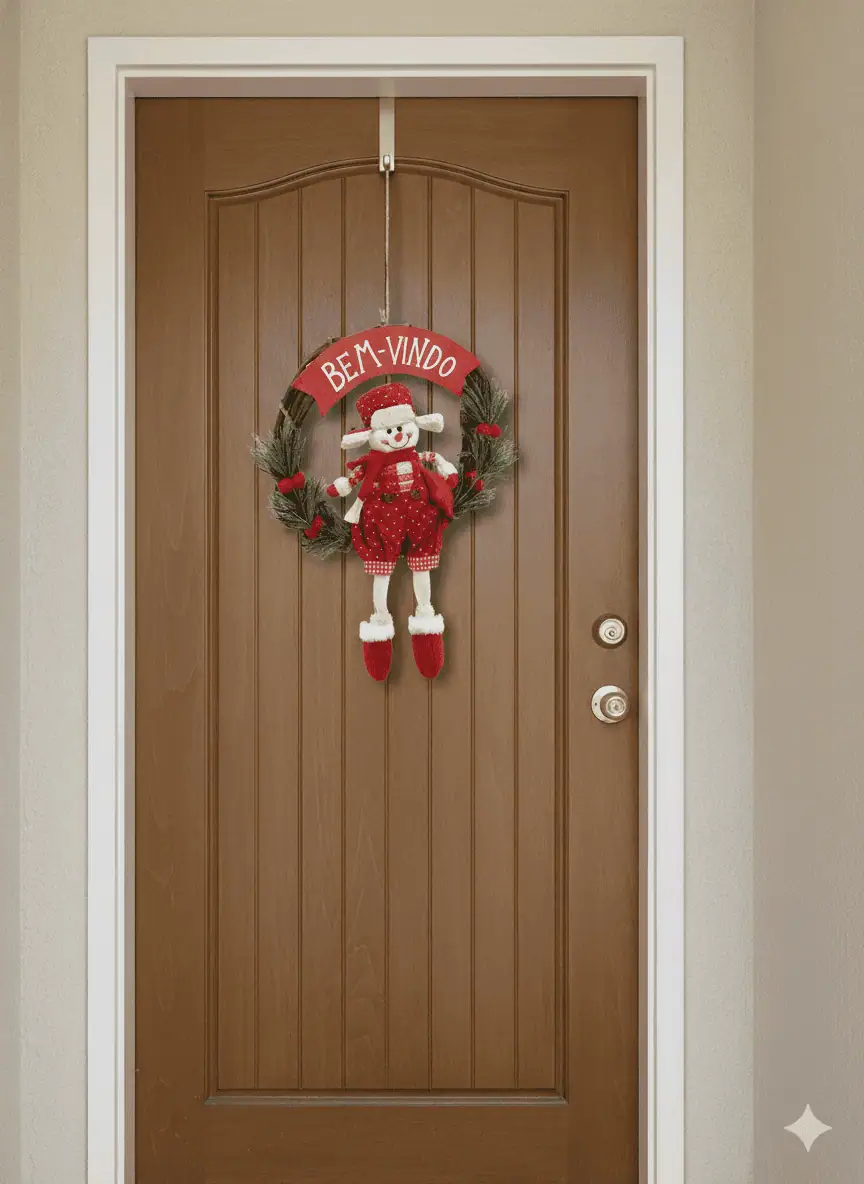 Guirlanda com boneco natalino e letreiro “Bem-vindo” pendurada em porta de entrada.