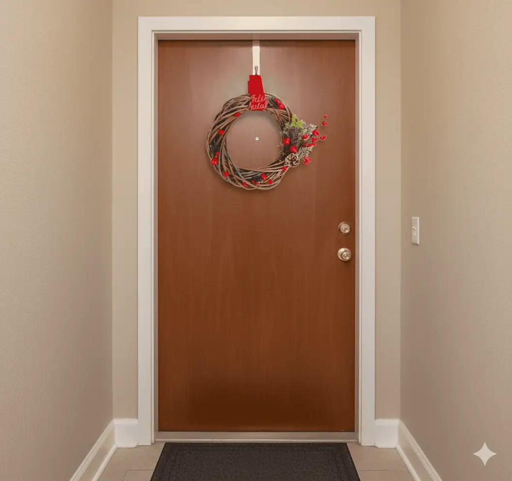 Guirlanda artesanal com galhos e pinhas decorando porta de entrada com a mensagem “Feliz Natal”.