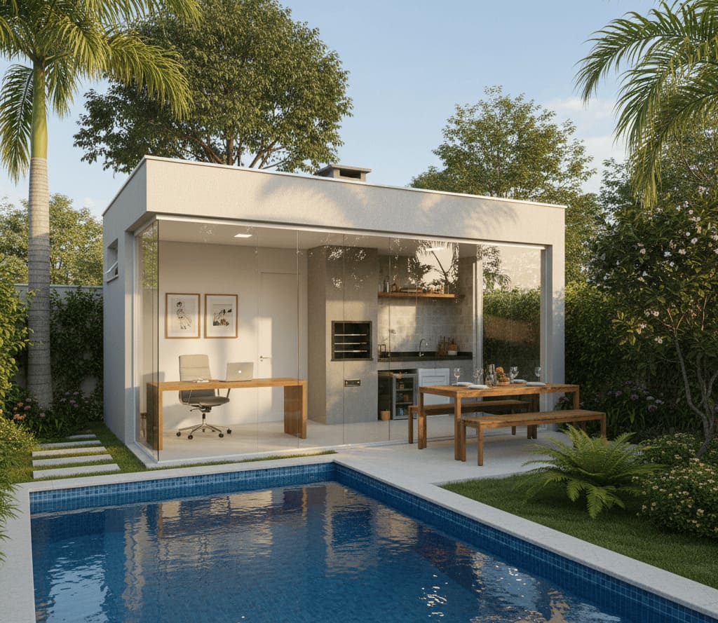 O fundo da casa como refúgio: Como a edícula integrada com piscina valoriza o imóvel e o bem-estar.