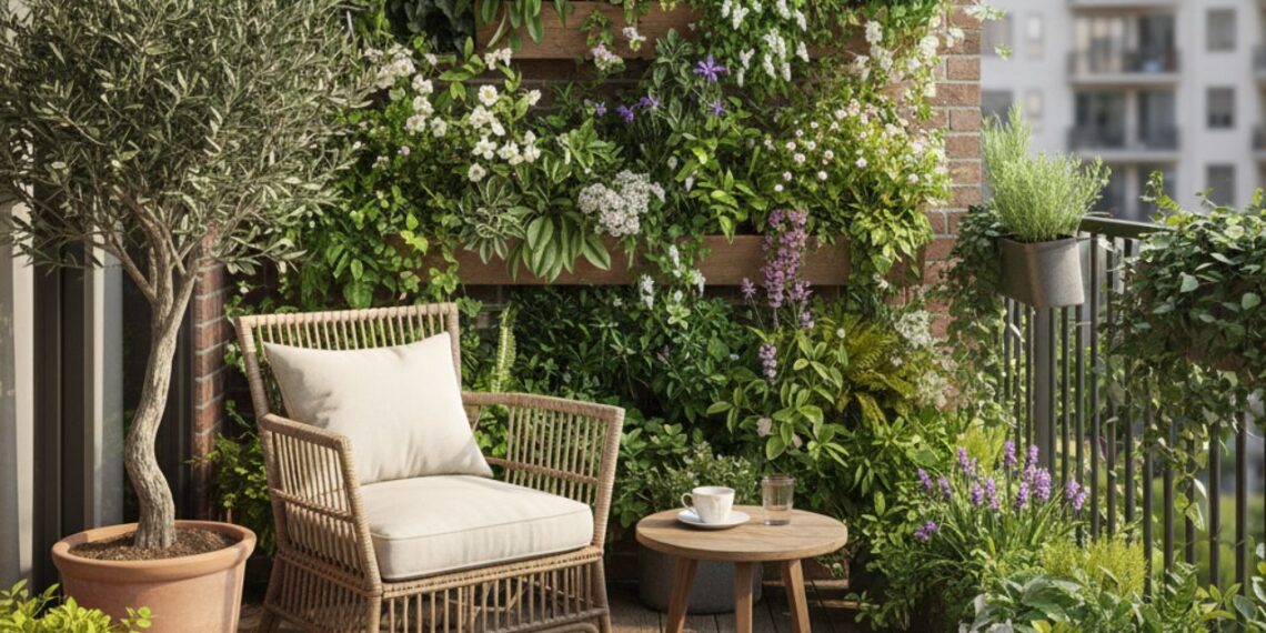 Varanda verde com plantas e arvores pequenas